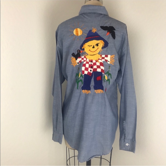 Vintage Blue Fall Theme Embroidered Button Down - Picture 1 of 4